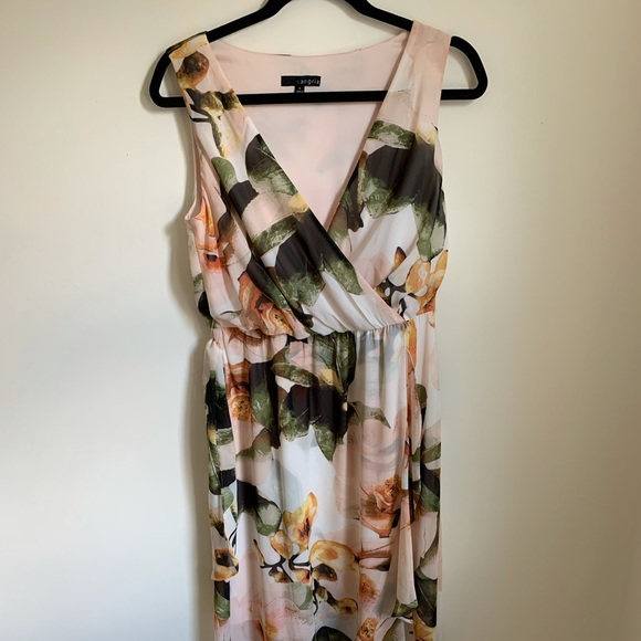 SANGRIA V-NECK CHIFFON FLORAL MAXI SLEEVELESS DRESS HI LOW - Picture 4 of 15